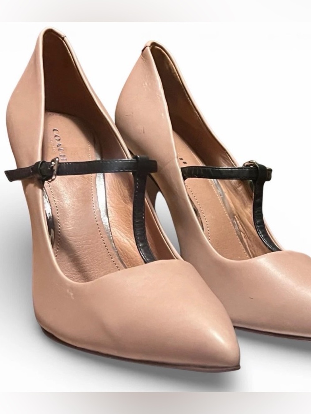 Coach Pink Nude Pointed-Toe T‑Strap Pumps with Black Straps